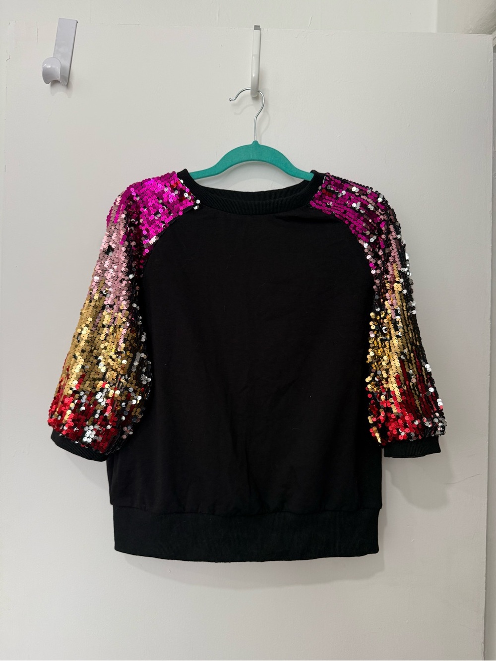 Black Sweatshirt with Multicolor Sequin Ombre Sleeves